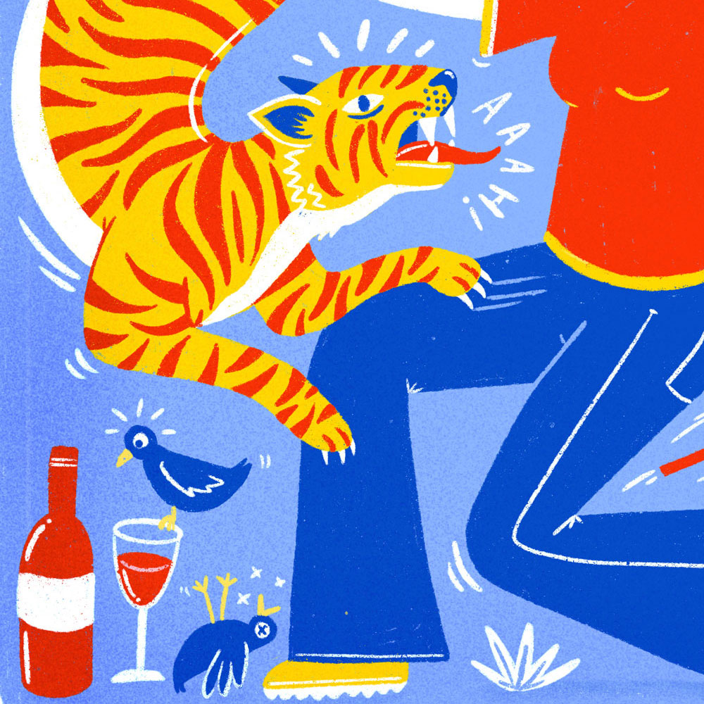 detail van tijger, vogels en wijn